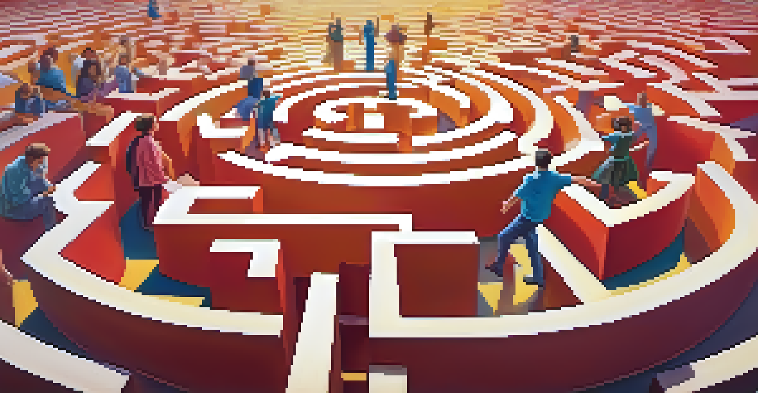 An illustration showing the balance between critical thinking represented by a maze and creative thinking depicted as an explosion of color.