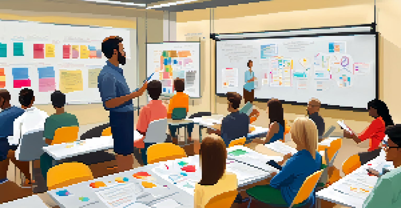 A mentor conducting a workshop with employees attentively listening and taking notes in a bright training room.
