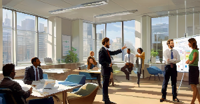 A diverse group of colleagues in an office, engaging in a positive discussion with open body language and smiles.