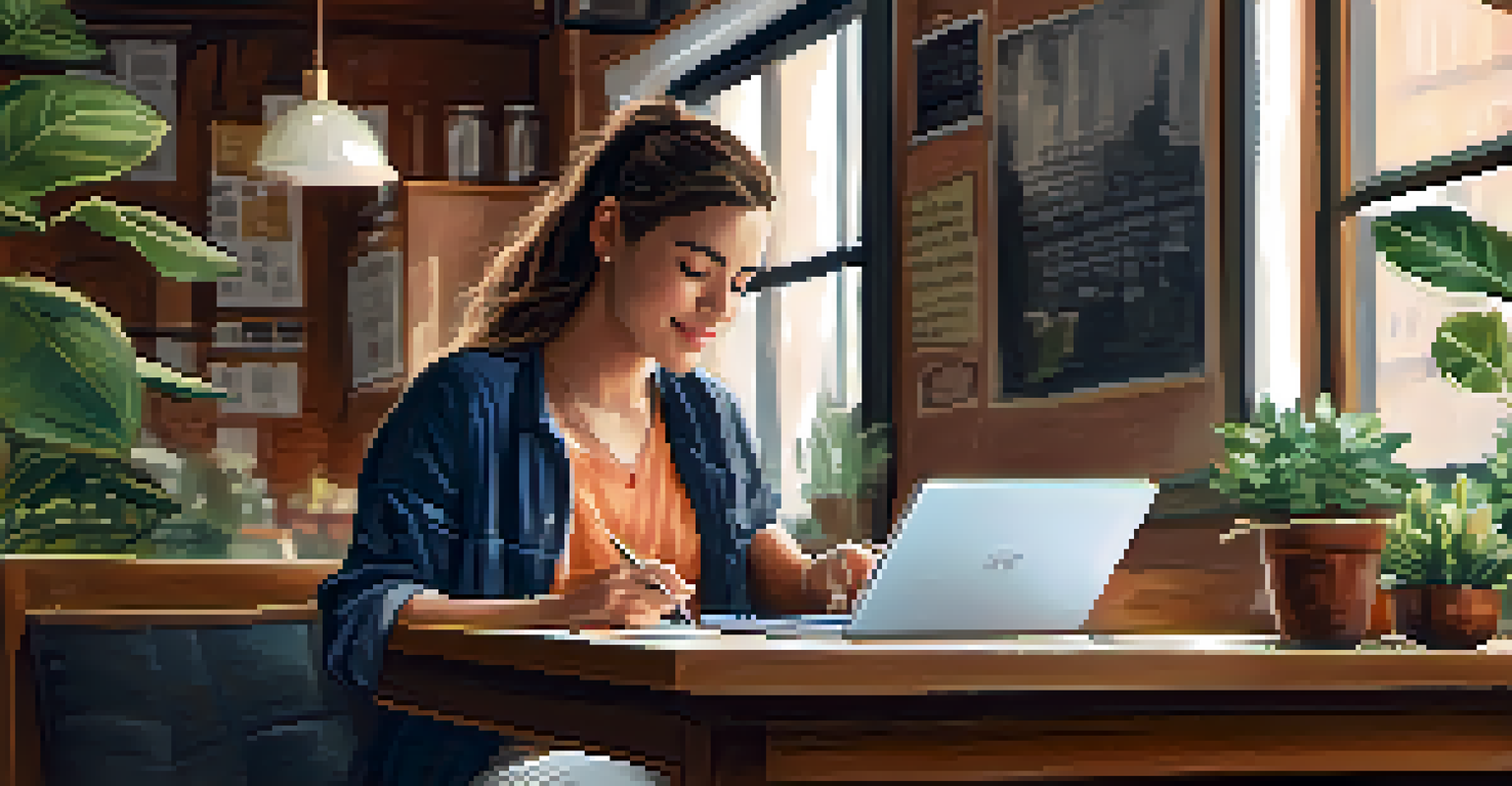A young woman in a cozy café, engaged in an online course on her laptop with a cup of coffee and notes beside her.