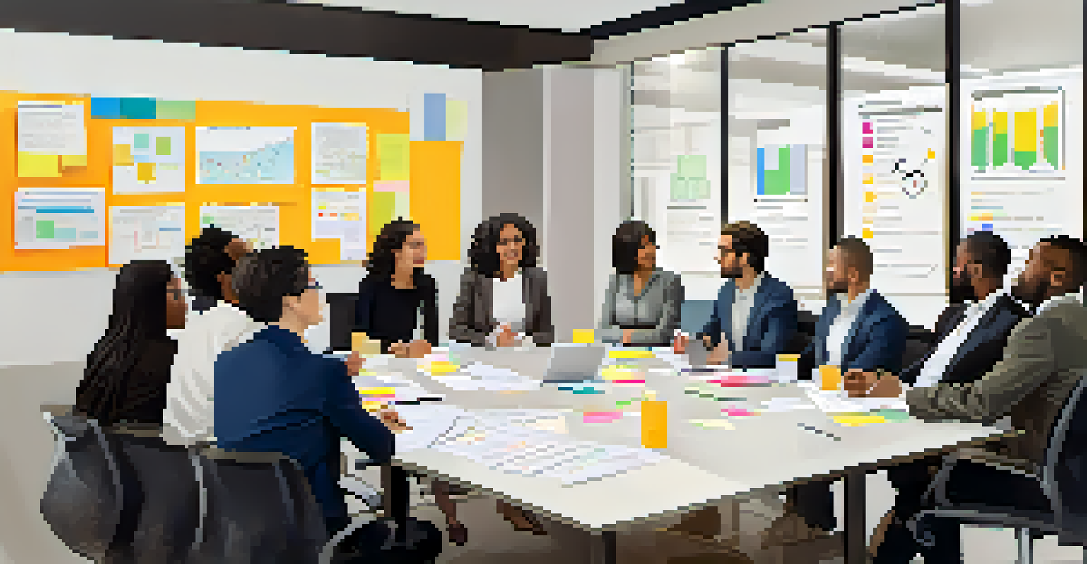 A diverse group of professionals participating in a feedback session around a conference table, focused and engaged.