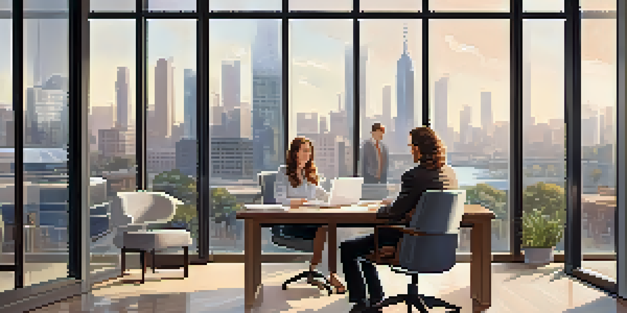 A career coach and a client discussing in a well-lit office with a city skyline in the background.