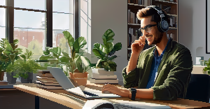 A young professional on a video call at a modern desk, surrounded by plants and books, with a laptop showing a marketing presentation.