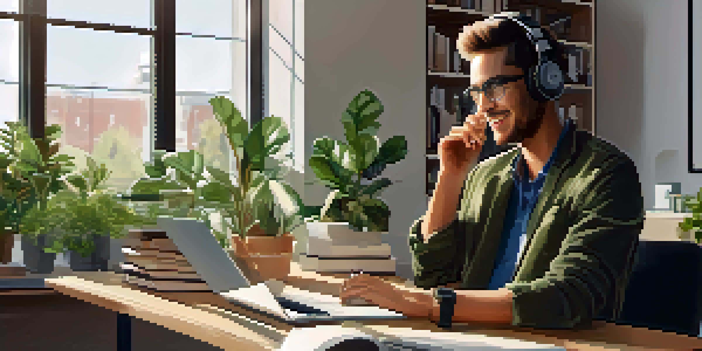 A young professional on a video call at a modern desk, surrounded by plants and books, with a laptop showing a marketing presentation.