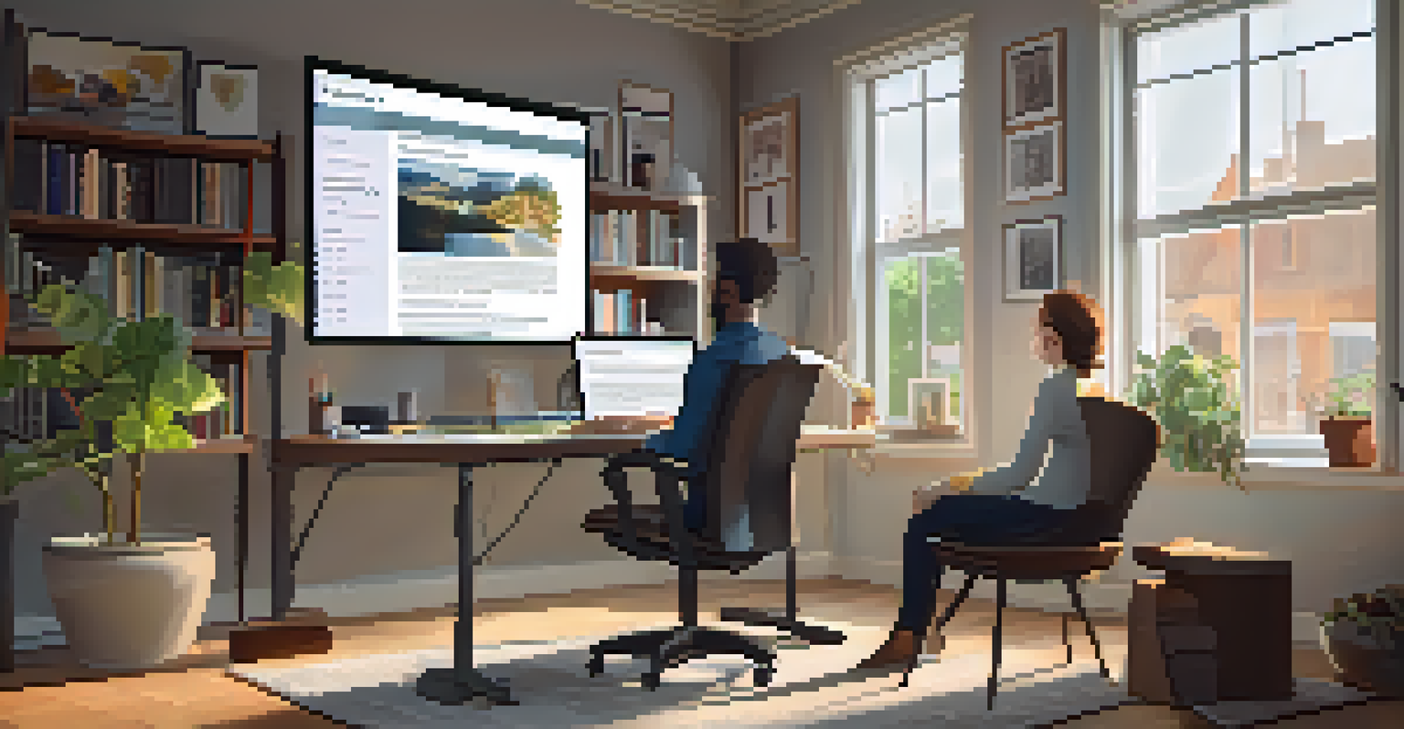 An employee participating in a virtual training session from a cozy home office, engaged with a screen displaying a workshop.