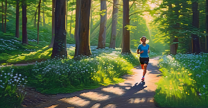 A jogger running on a forest trail during sunset, surrounded by trees and wildflowers.