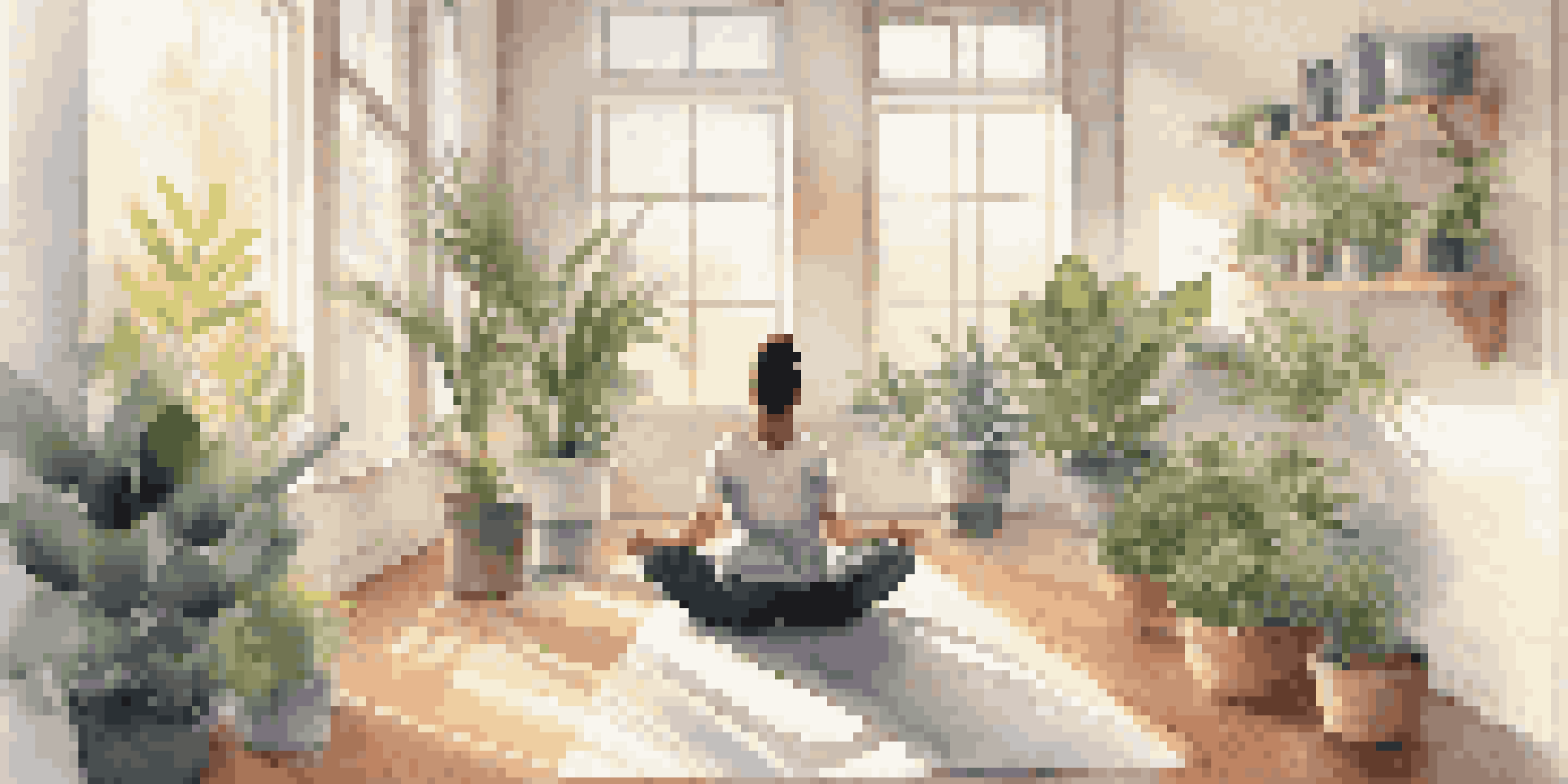 An individual meditating in a bright, peaceful office environment filled with plants, natural light, and soft furnishings.