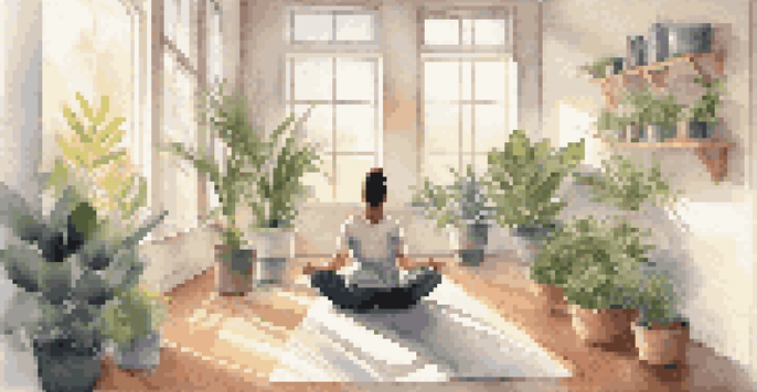 An individual meditating in a bright, peaceful office environment filled with plants, natural light, and soft furnishings.