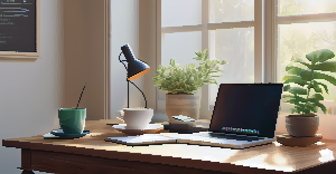 A cozy workspace with a wooden desk, a laptop showing a goal-setting app, a notepad with goals, and a cup of tea, illuminated by soft natural light.
