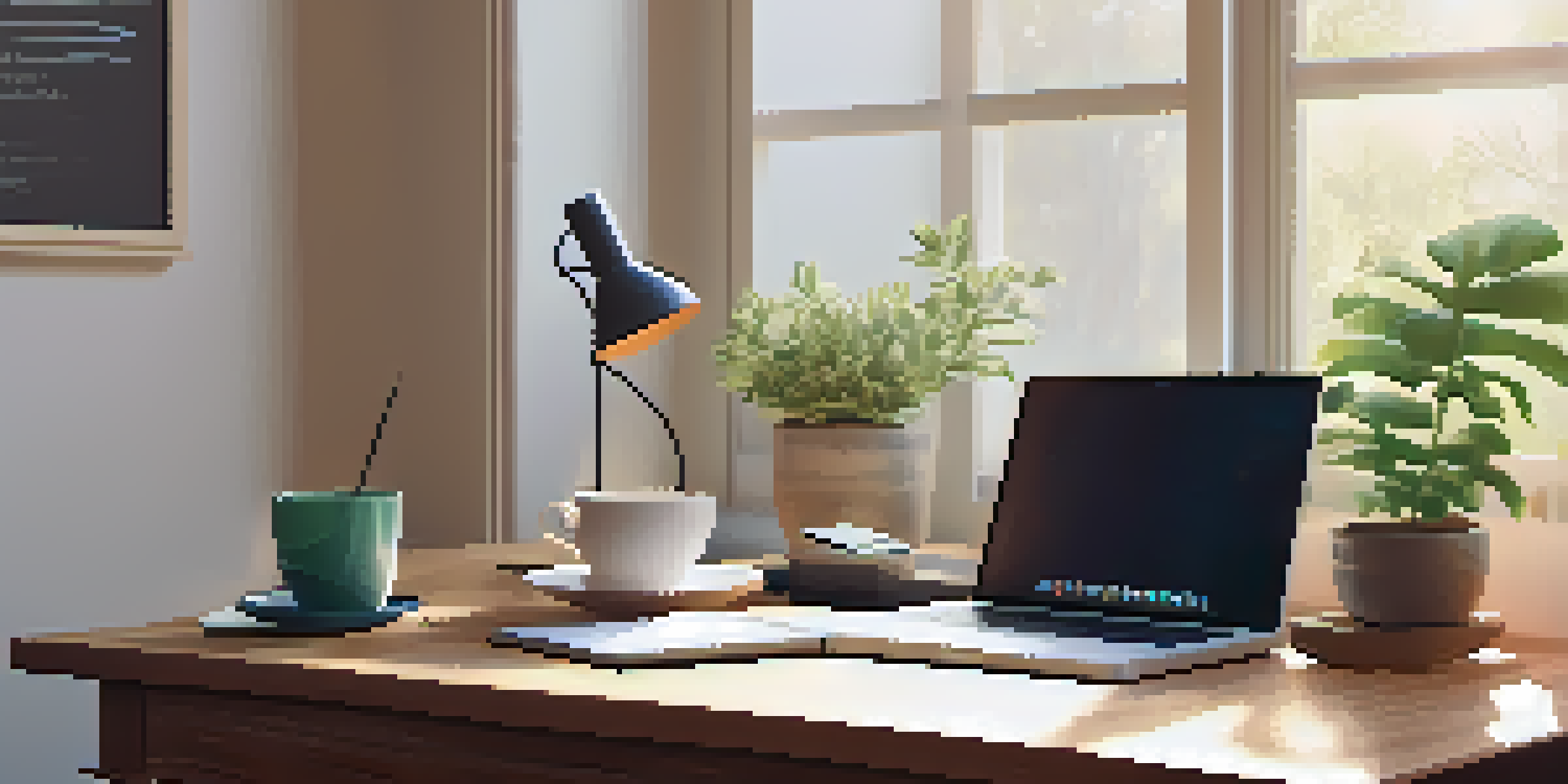 A cozy workspace with a wooden desk, a laptop showing a goal-setting app, a notepad with goals, and a cup of tea, illuminated by soft natural light.