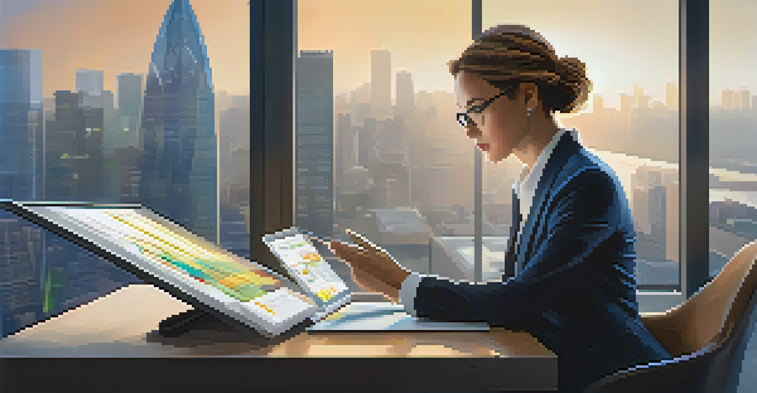 A leader analyzing data on a tablet at a modern office desk, with a city skyline visible through a large window.