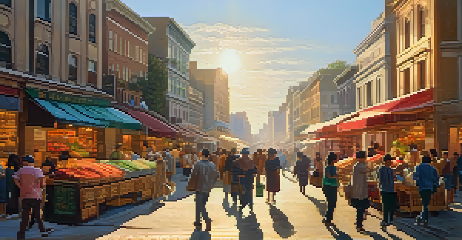 A lively city street filled with people and colorful shops during golden hour.