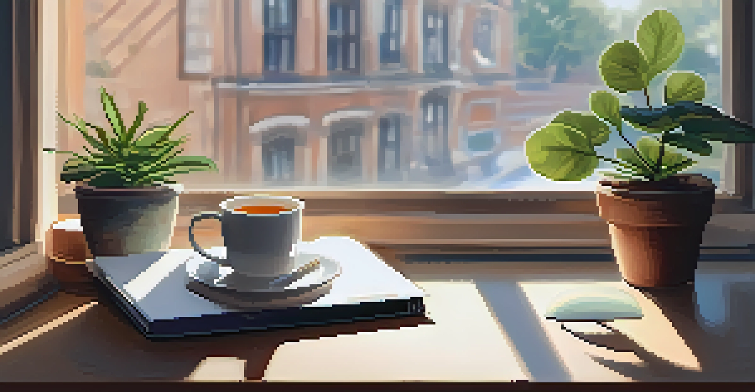 A cozy workspace with a laptop, tea, and a plant bathed in soft morning light.