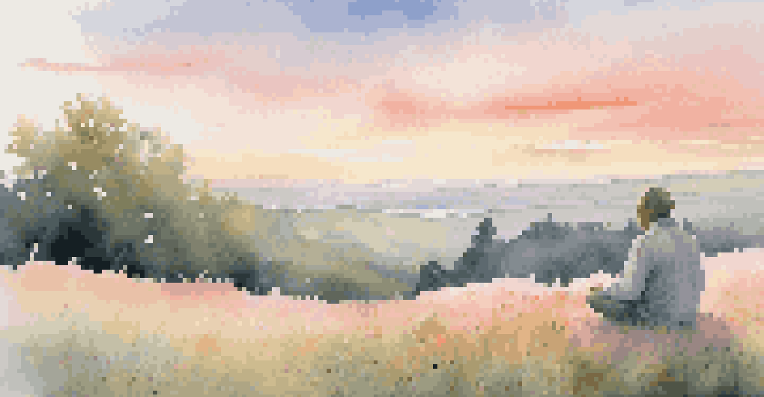 A person meditating on a hill at sunrise, surrounded by wildflowers and a colorful sky.