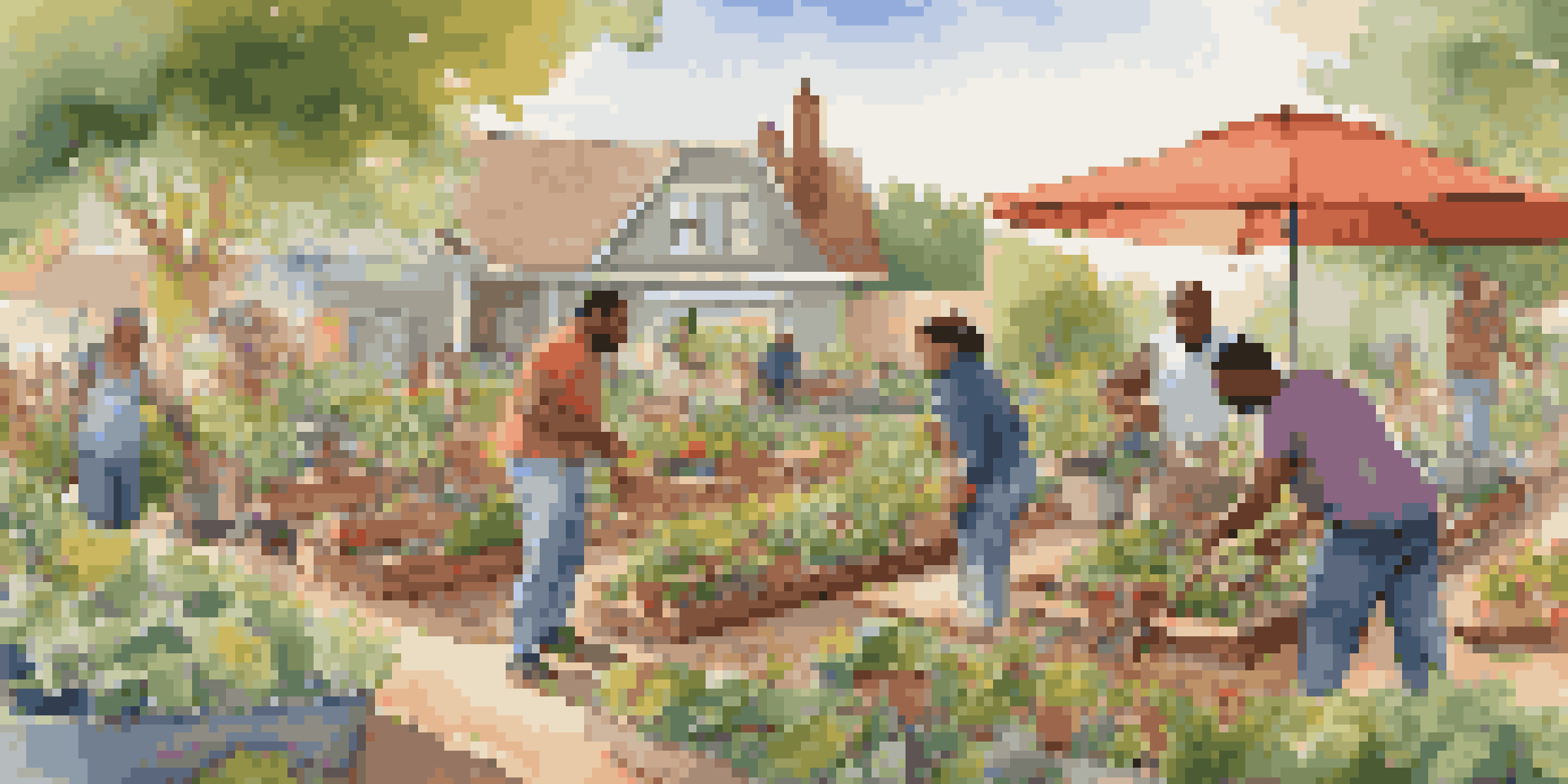 A community garden with diverse individuals planting and sharing stories, showcasing various plants and cultural symbols.