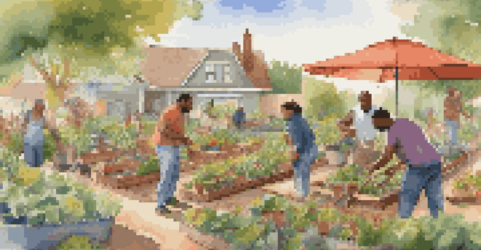 A community garden with diverse individuals planting and sharing stories, showcasing various plants and cultural symbols.