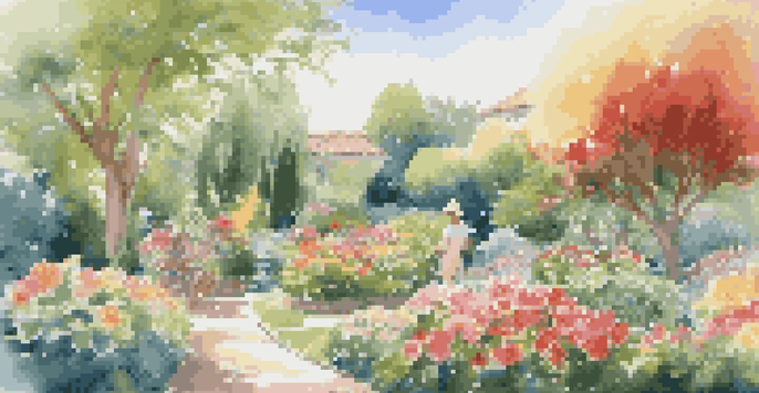 A gardener in a colorful flower garden, tending to blooming plants under sunlight.