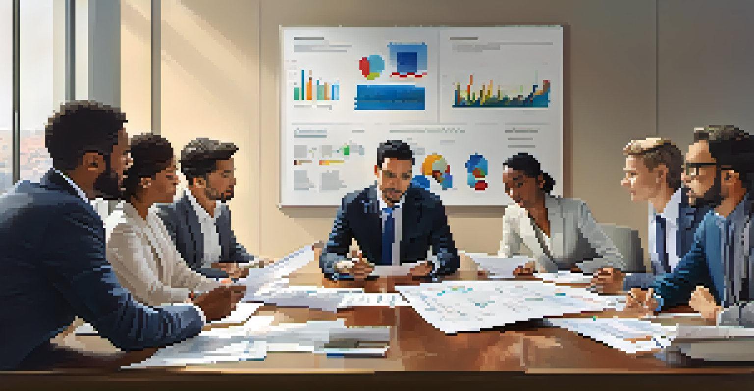 A diverse team of professionals engaged in a meeting, discussing job responsibilities with charts and documents on the table.