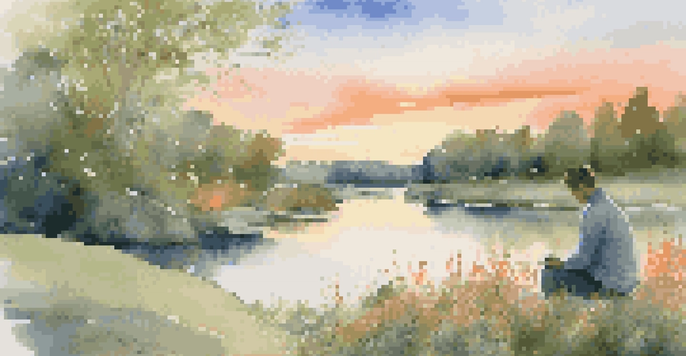 A person journaling on a rock by a river at sunset, surrounded by trees and wildflowers.