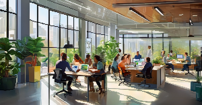 A bright and modern office environment where employees are working together at a table, surrounded by plants and natural light.