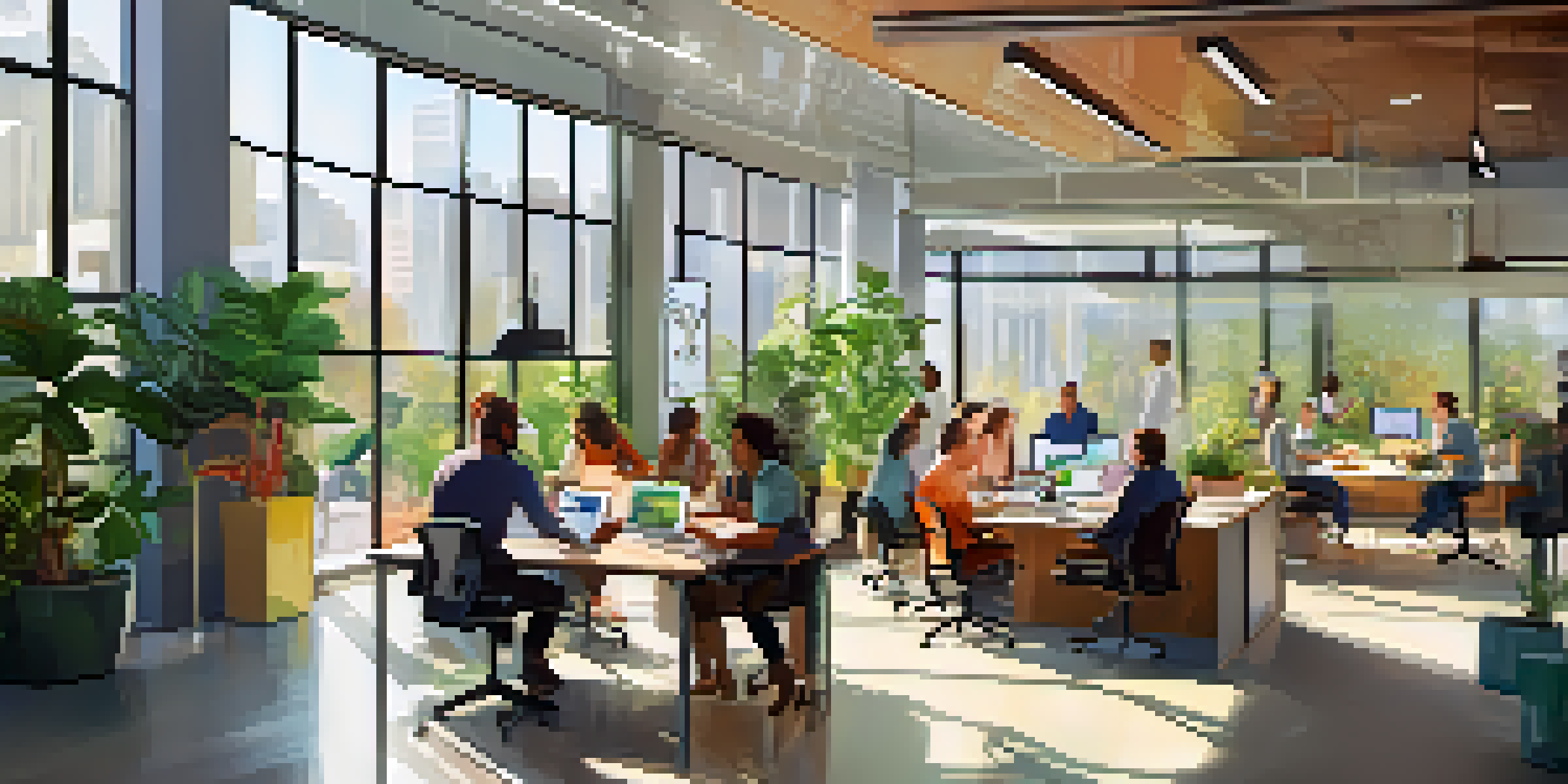 A bright and modern office environment where employees are working together at a table, surrounded by plants and natural light.