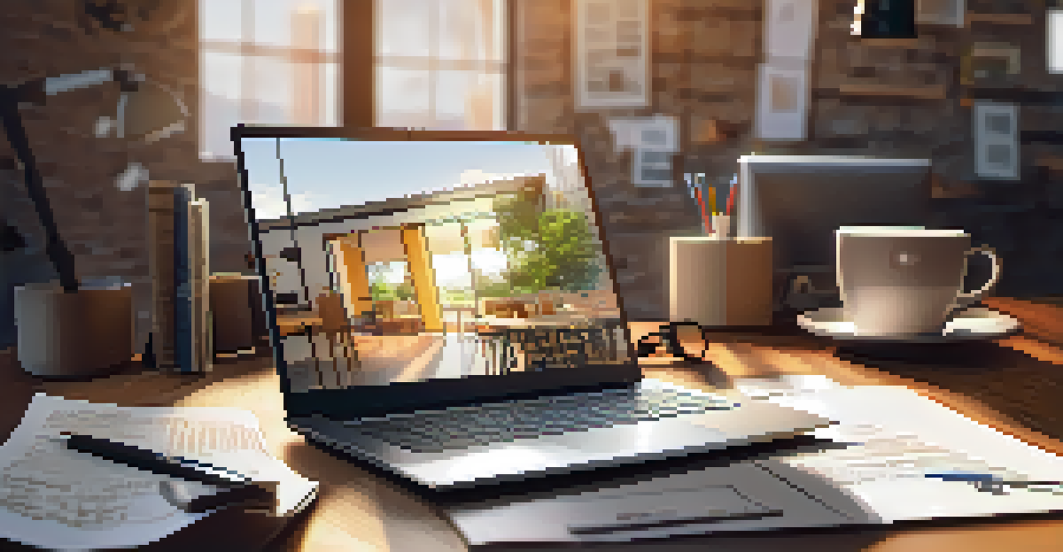 A laptop on a desk with industry reports and a coffee cup, highlighting a workspace for online learning.