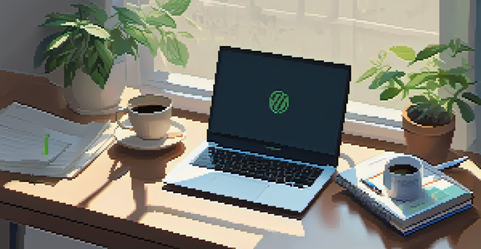 A neatly arranged desk with a laptop, financial notes, a coffee cup, and a plant, illuminated by soft morning light.