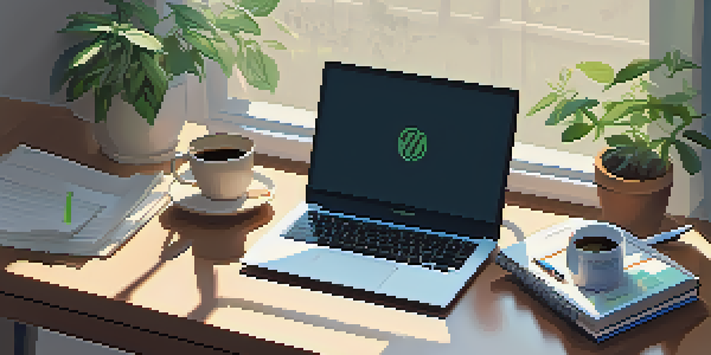 A neatly arranged desk with a laptop, financial notes, a coffee cup, and a plant, illuminated by soft morning light.