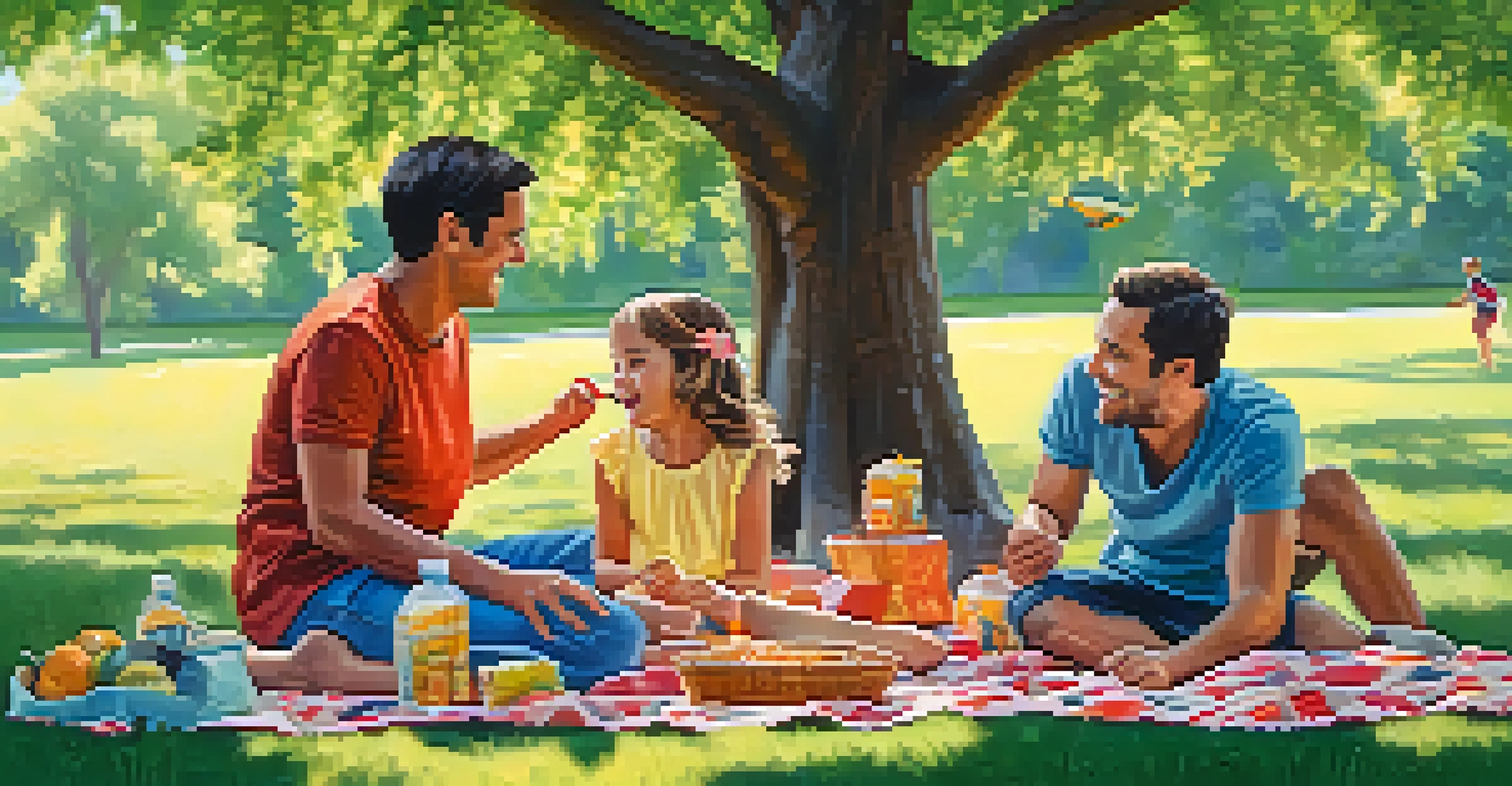 A happy family having a picnic in a green park, playing games and enjoying snacks together.