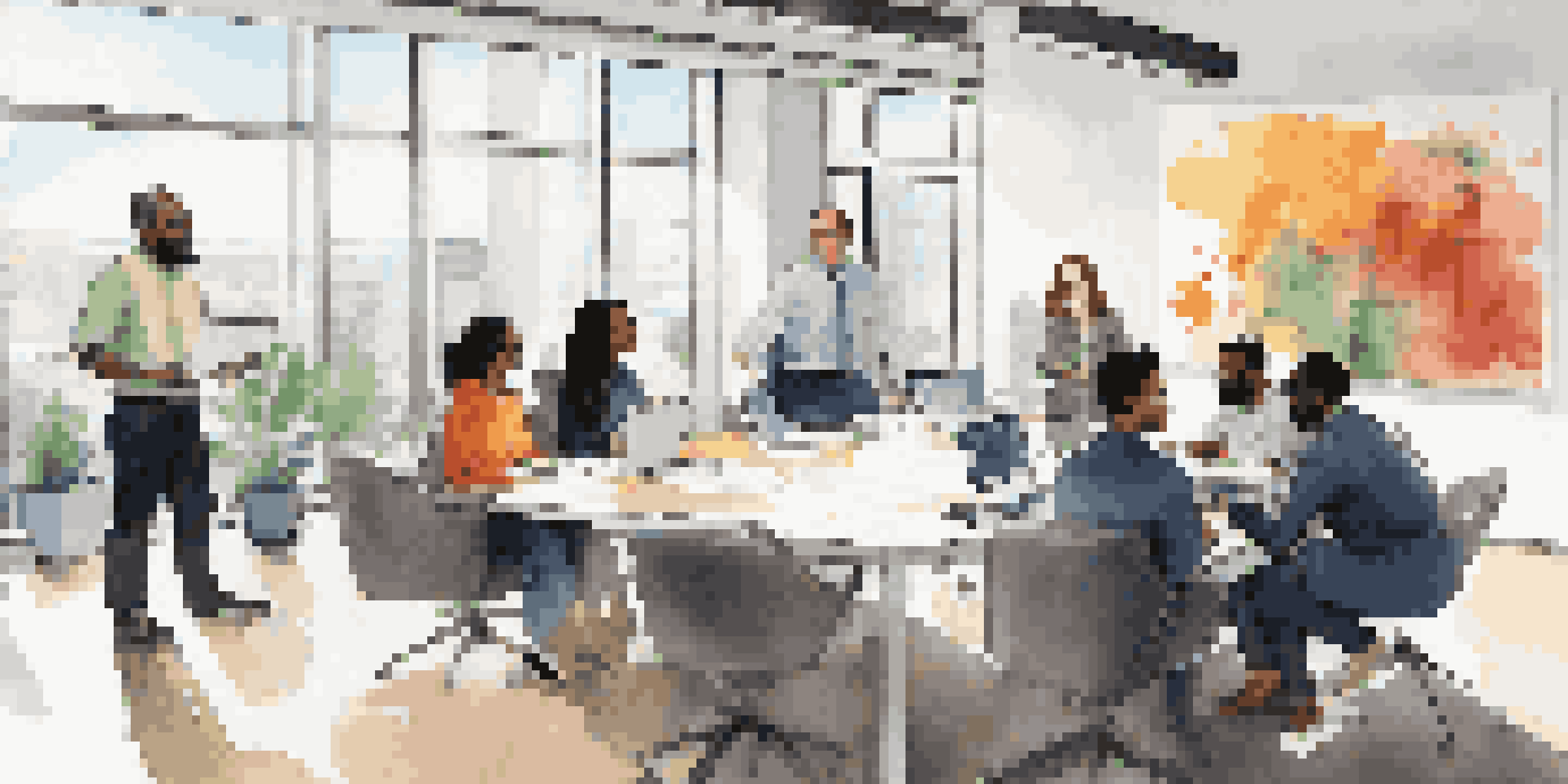 A diverse team of professionals collaborating in a bright modern office, showcasing inclusivity and teamwork.