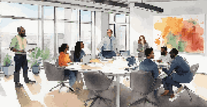 A diverse team of professionals collaborating in a bright modern office, showcasing inclusivity and teamwork.