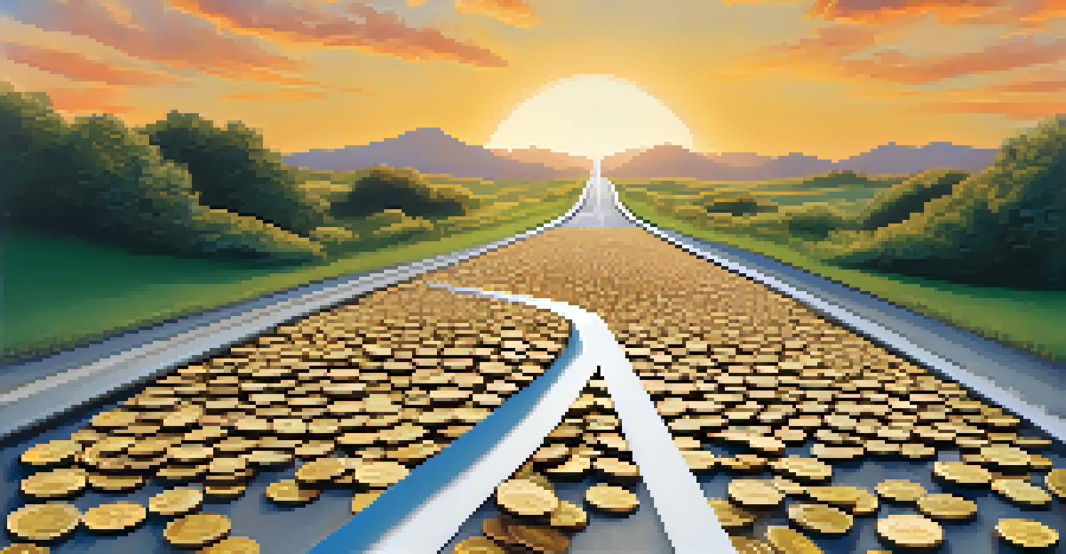 A winding road made of coins symbolizing a freelancer's financial journey, with milestones illustrated along the path.