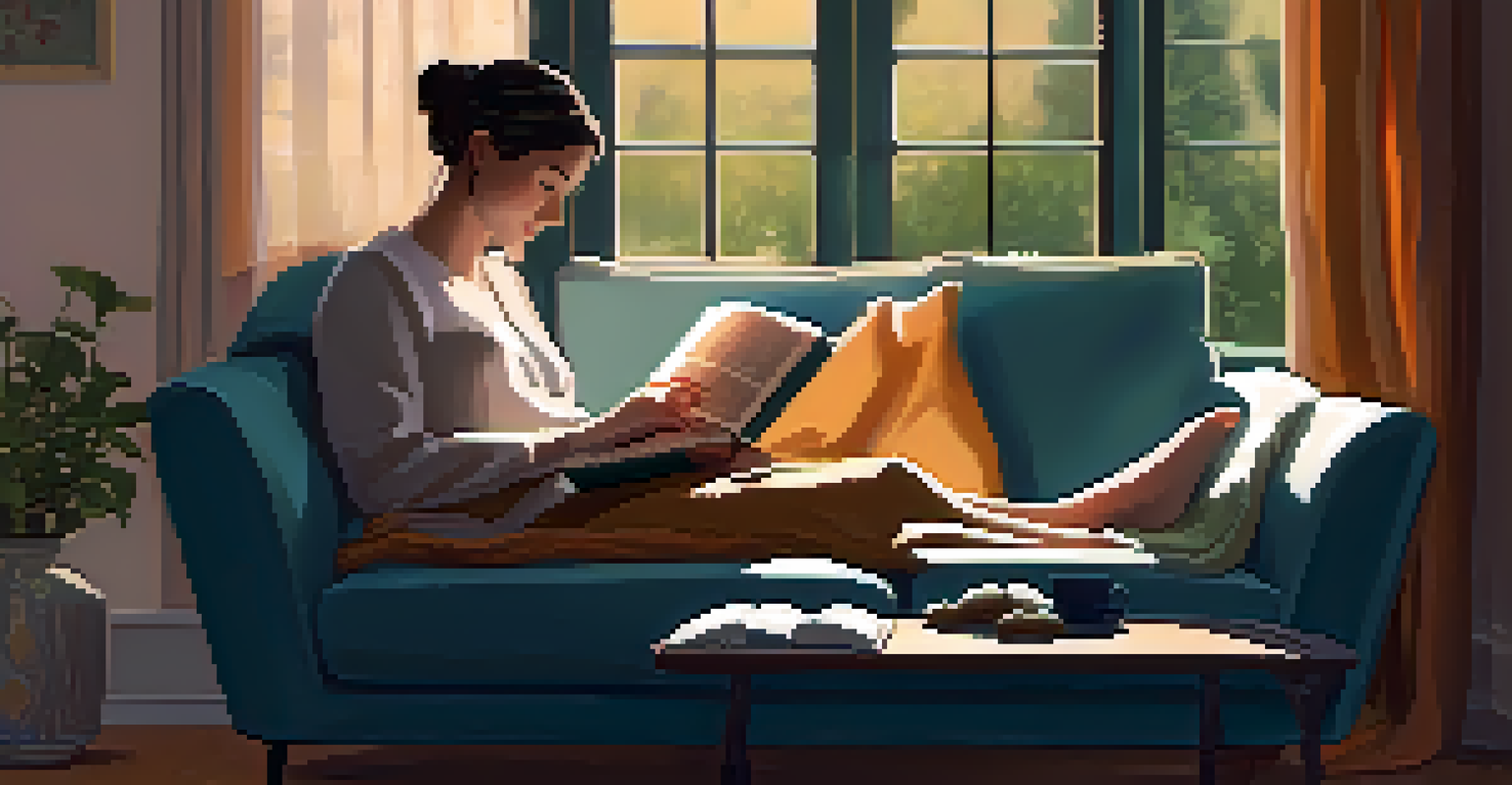 A person reading a book on a sofa with a blanket and a cup of tea nearby, illuminated by a soft lamp.
