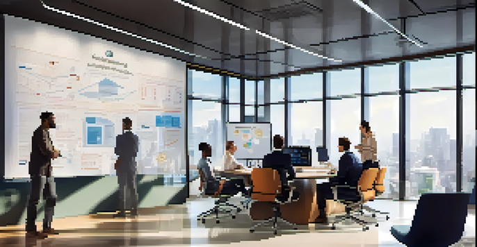 A diverse group of professionals brainstorming in a modern office filled with natural light.