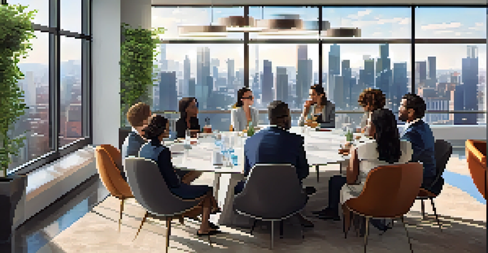 A diverse group of professionals networking in a bright conference room with a city skyline view.
