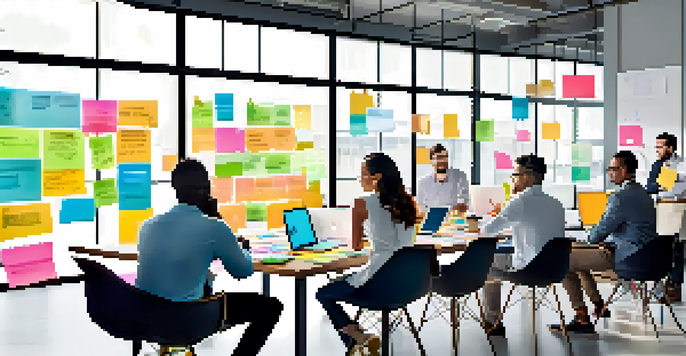 A diverse team of professionals collaborating in a modern office, surrounded by colorful notes and a whiteboard.