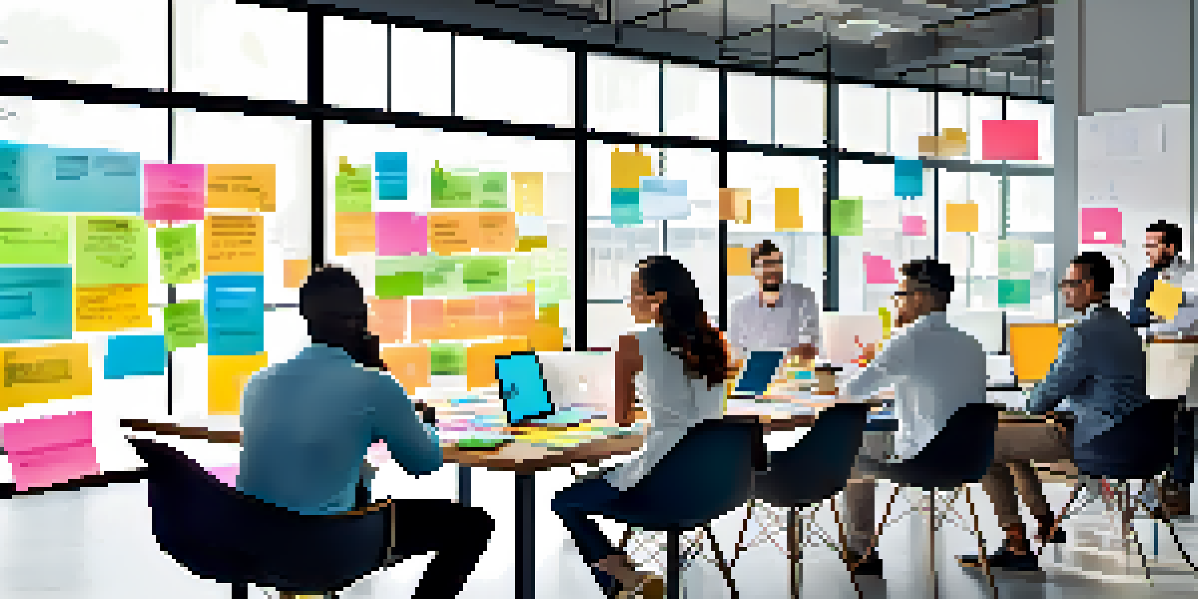 A diverse team of professionals collaborating in a modern office, surrounded by colorful notes and a whiteboard.