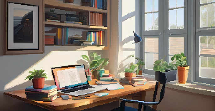 A modern workspace with an open laptop, a potted plant, and a stack of colorful books, illuminated by natural light from a large window.