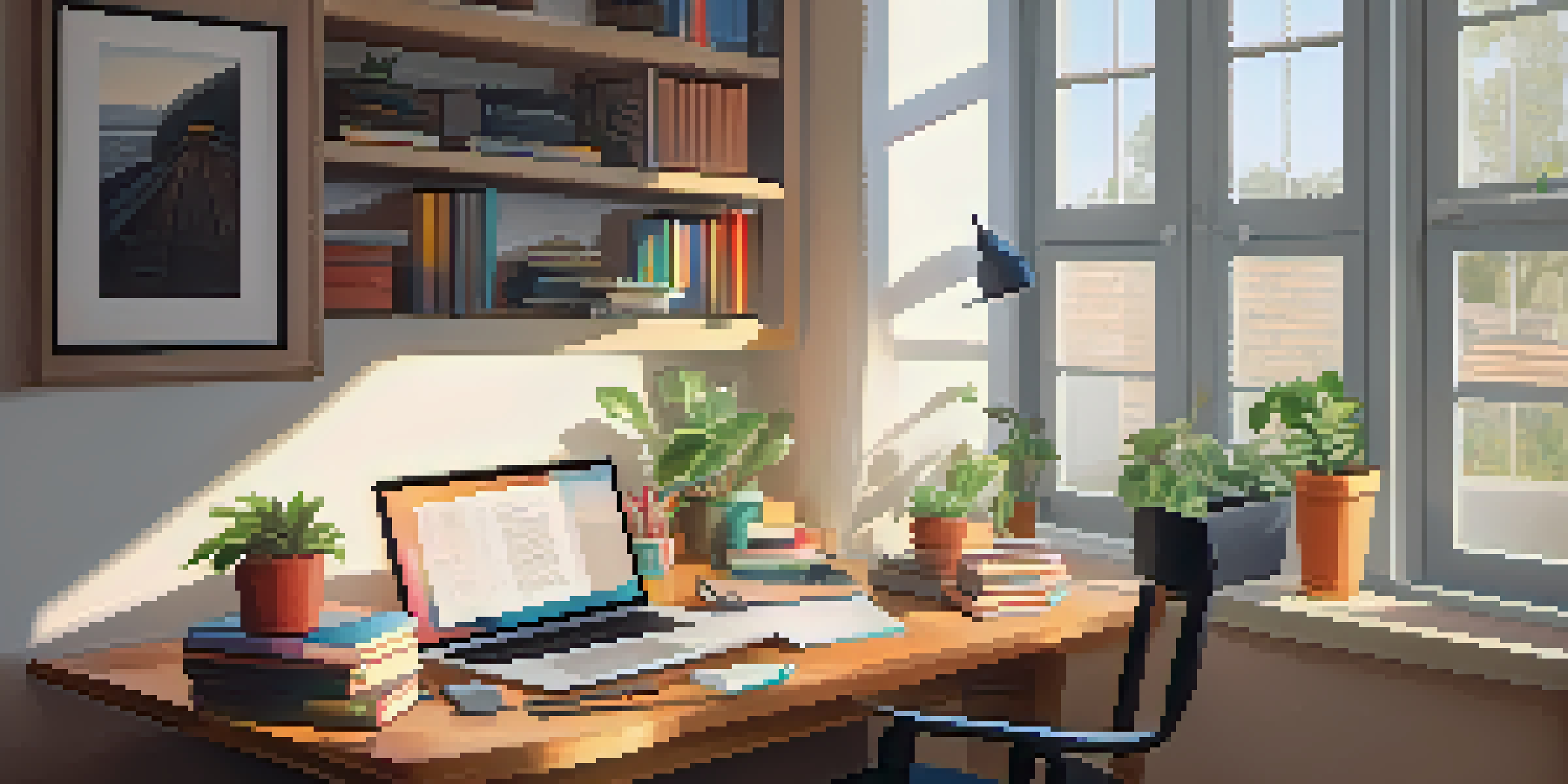 A modern workspace with an open laptop, a potted plant, and a stack of colorful books, illuminated by natural light from a large window.