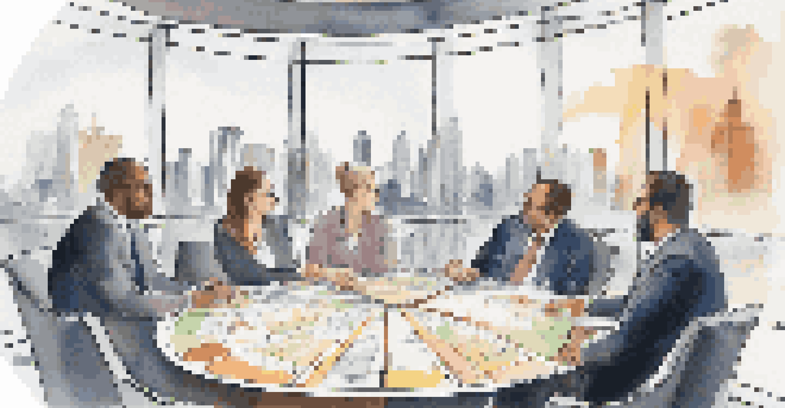 A modern business meeting with a pie chart displayed, showcasing market share while participants discuss the visual aid.