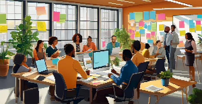 A diverse group of employees collaborating in a bright office space with large windows, engaged in discussion around a table filled with laptops and coffee cups.
