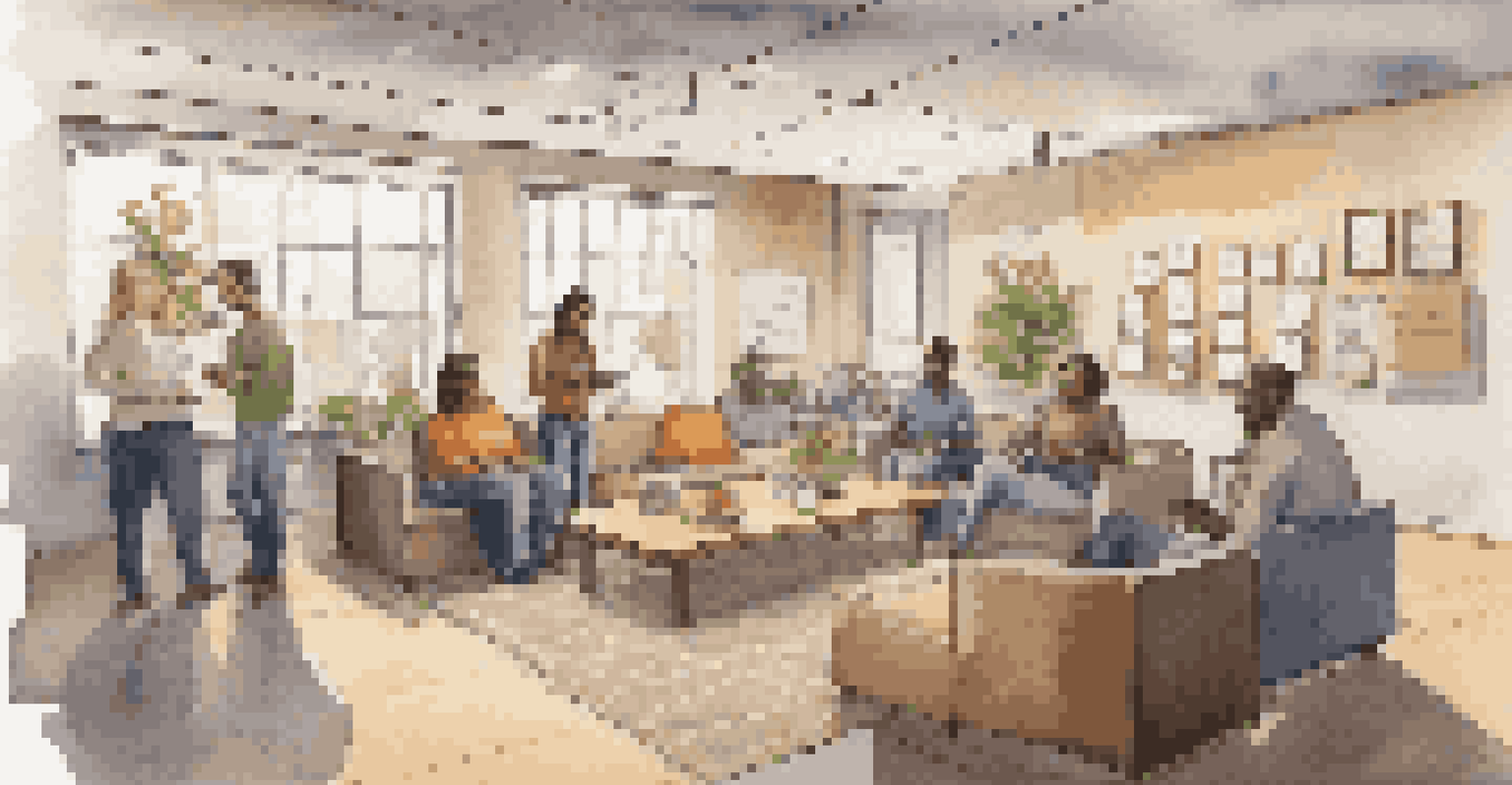 A cozy break room with couches, coffee station, and colleagues enjoying a friendly conversation.