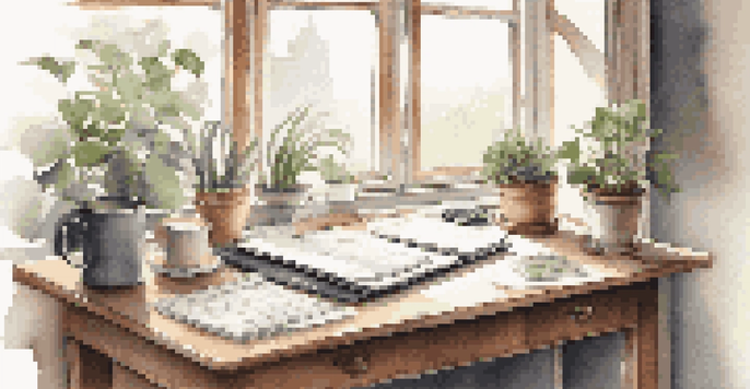 A neat workspace with a laptop, financial notes, coffee mug, and a plant in soft natural light.