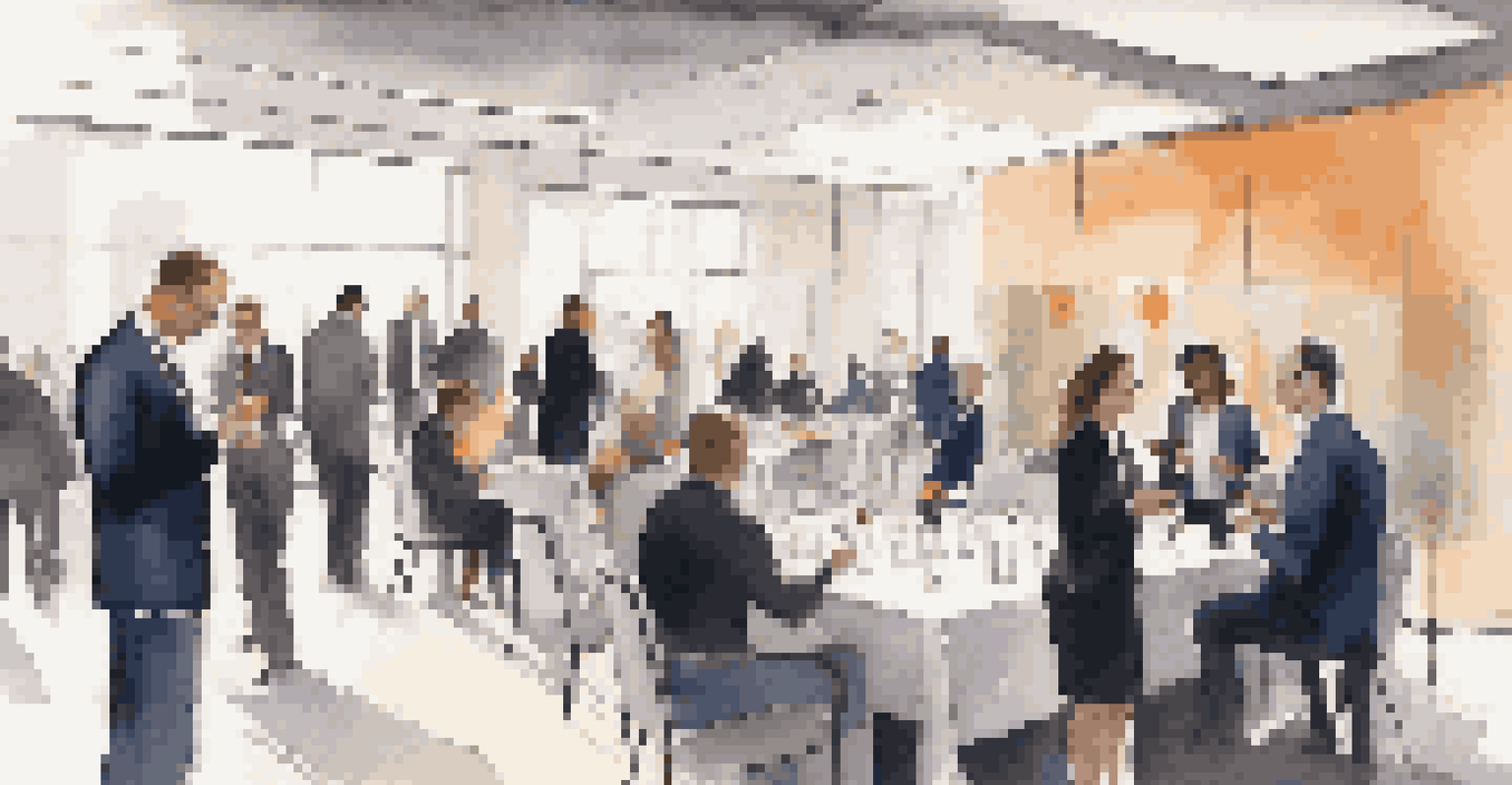 A networking event with professionals mingling and exchanging business cards in a modern venue.