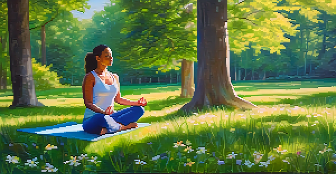 A person meditating in a peaceful park surrounded by flowers and trees, with sunlight filtering through the leaves.