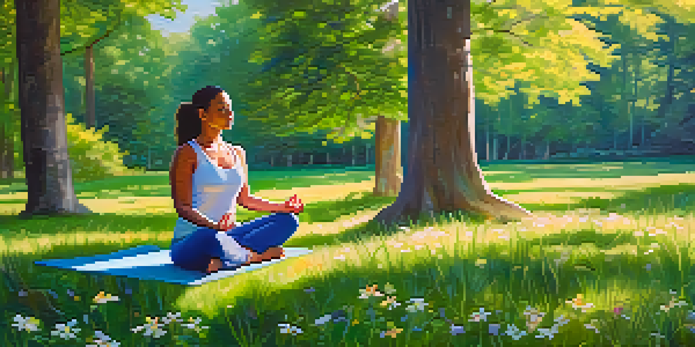 A person meditating in a peaceful park surrounded by flowers and trees, with sunlight filtering through the leaves.