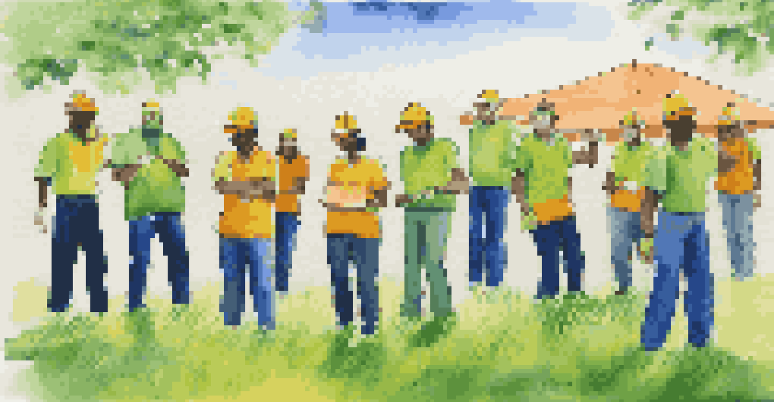 Employees participating in a team-building exercise outdoors, focusing on safety practices in a vibrant and sunny environment.