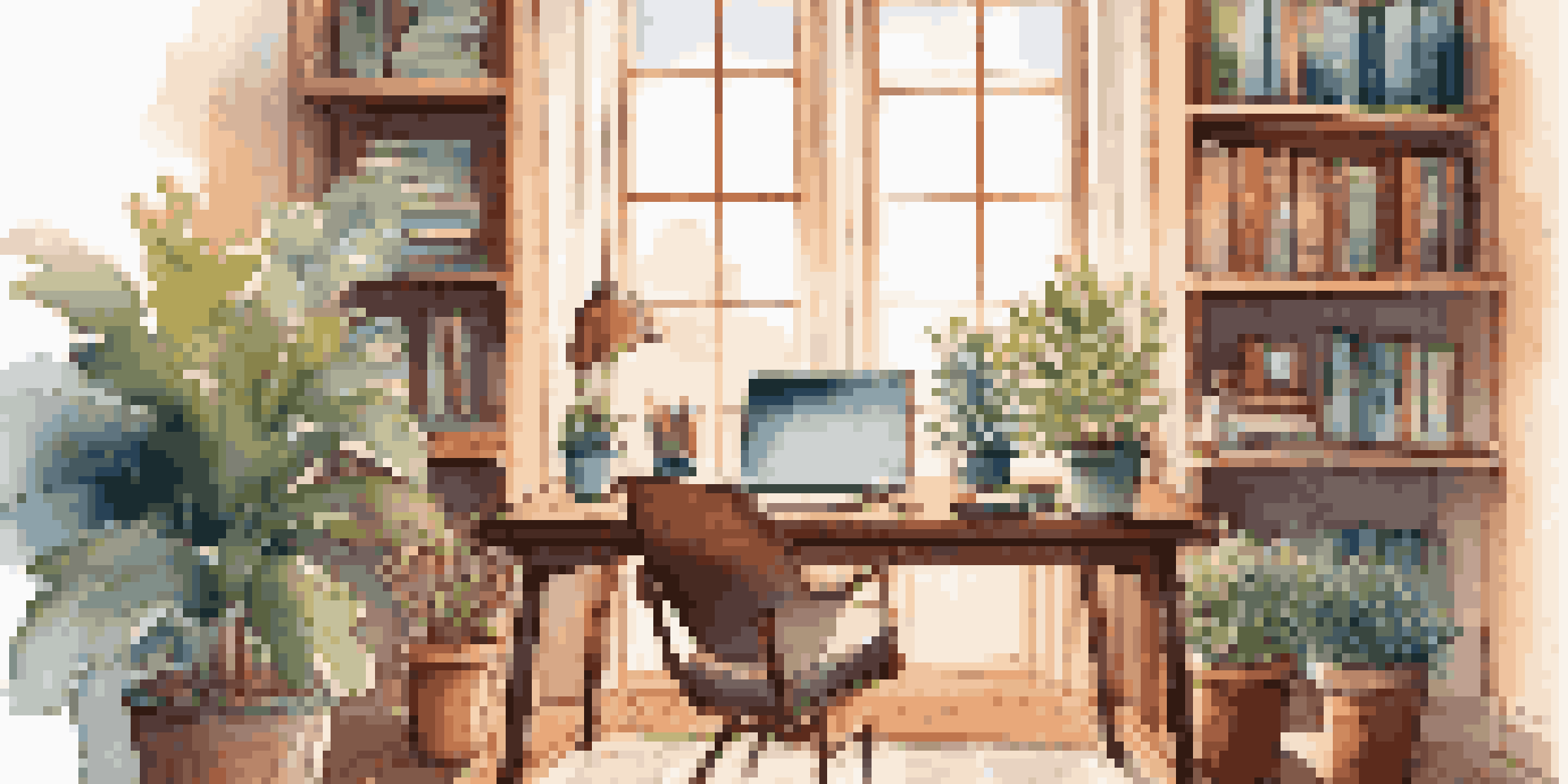 A warm and inviting home office with a laptop, coffee cup, and plants, illuminated by natural light.