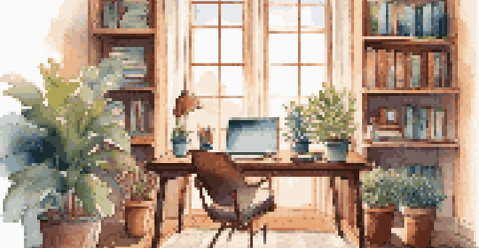 A warm and inviting home office with a laptop, coffee cup, and plants, illuminated by natural light.