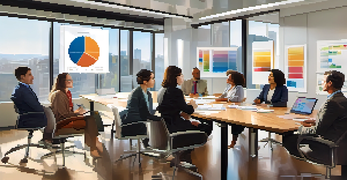 A diverse team of professionals collaborating in a bright conference room, discussing ideas with charts and graphs visible.